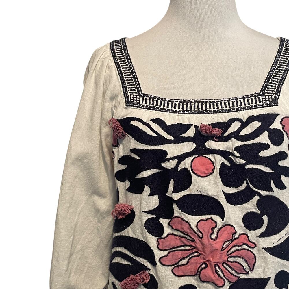 Anthropologie White Blouse with Navy and Pink Floral Embroidery - Picture 3 of 9